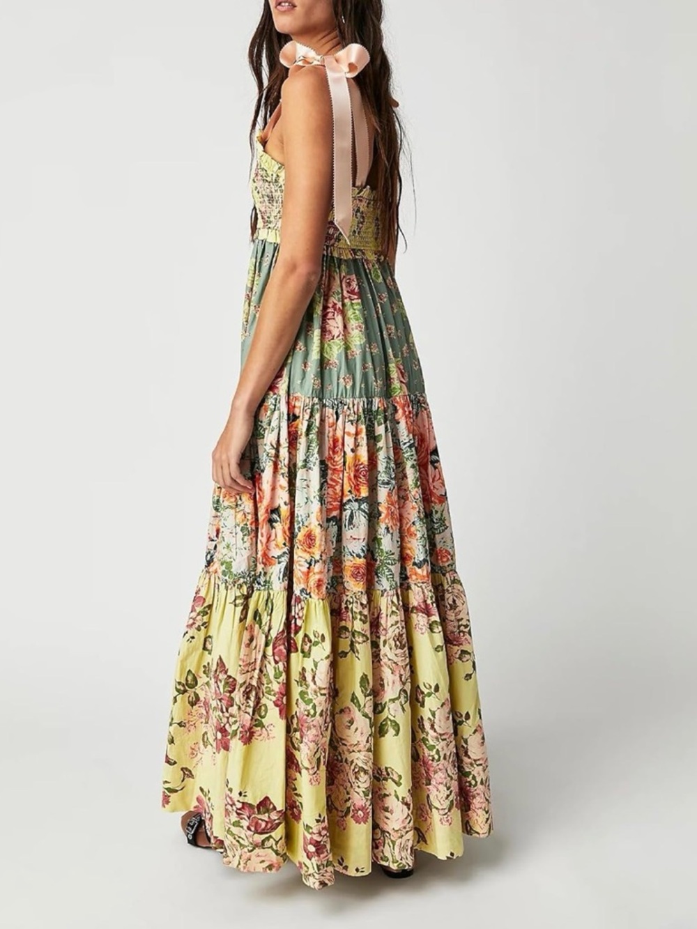 FREE PEOPLE Floral Tiered Maxi Dress with Pink Bow Straps XS